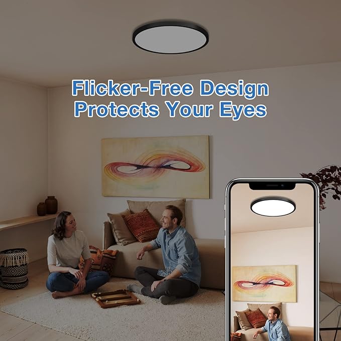 15.8 Inch Black Blush Mount Ceiling Light, Dimmable & 3000K-4000K-5000K Selectable - 24W Low Profile Slim Surface, 2 Pack