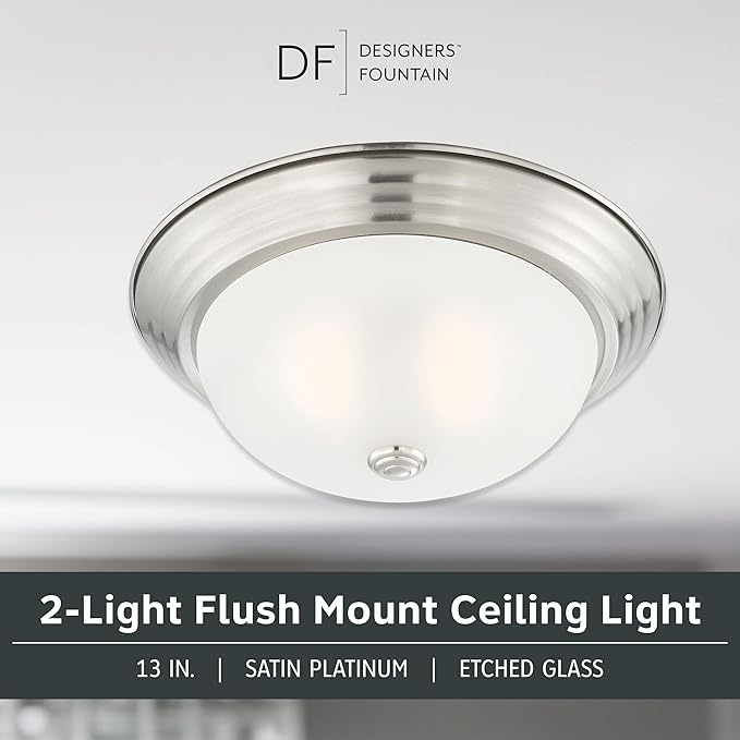 DESIGNERS FOUNTAIN Reedley 2-Lights Flush Mount Ceiling Light, 13 Inch Lighting Fixture for Kitchen, Bedroom, Bathroom, and Hallway, Satin Platinum with Etched Glass, 1257M-SP-W