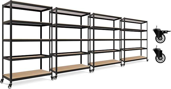 HOMEDANT House 5-Tier Metal Boltless Rolling Cart Shelf Rack Casters Heavy Duty Wheel Shelving Unit Adjustable Utility Storage Shelves Organizer Shelf Kitchen Garage 48.1" W x 18.5" D x 75.4" H 4Pack