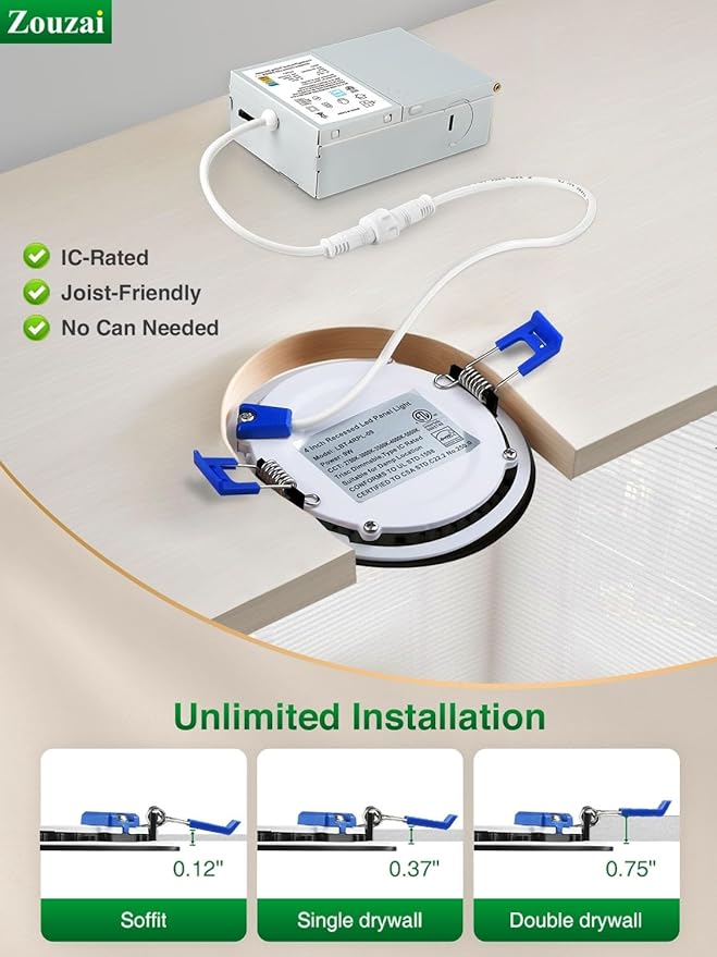 zouzai 24 Pack Black 8 inch 18W Eqv 150W 1685LM 5CCT Reset LED Recessed Ceiling Light with Junction Box, 2700K-5000K Selectable,Dimmable, led Ceiling Lights - ETL and Energy Star Certified