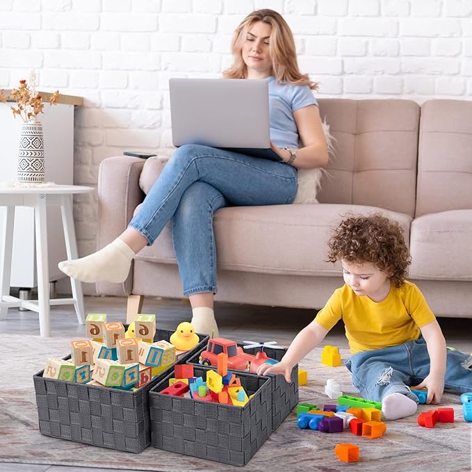 Posprica Woven Storage Baskets for Organizing 6 Pack, Large&Small Storage Cube Bins Set for Bathroom, Storage Boxes Container for Drawer, Closet, Shelf, Dresser, Dark Grey