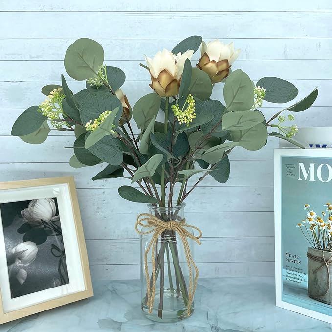 Artificial Eucalyptus Leaves in Glass Vase, 16.1" Eucalyptus Leaves Green Branches 7 Branches Faux Greenery Stems for Home Office Farmhouse Wedding Centerpiece Décor (White)
