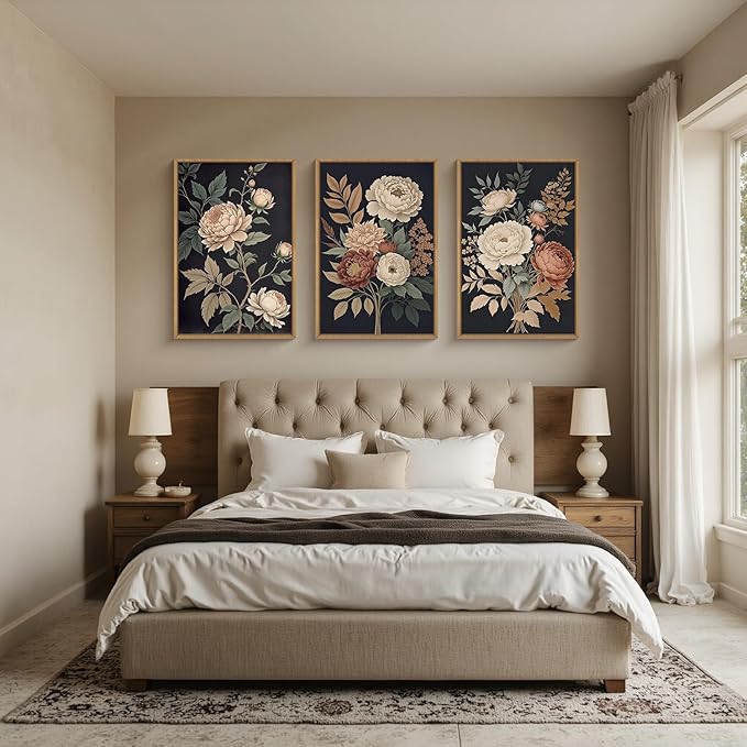 HOURIA Large Moody Dark Flower Framed Canvas Wall Art,Retro Beige Red Peony Wall Decor,Vintage Textured Blossom Botanical Artwork,Natural Wildflower Art Print for Living Room,Bedroom,Office-24 x36 x3