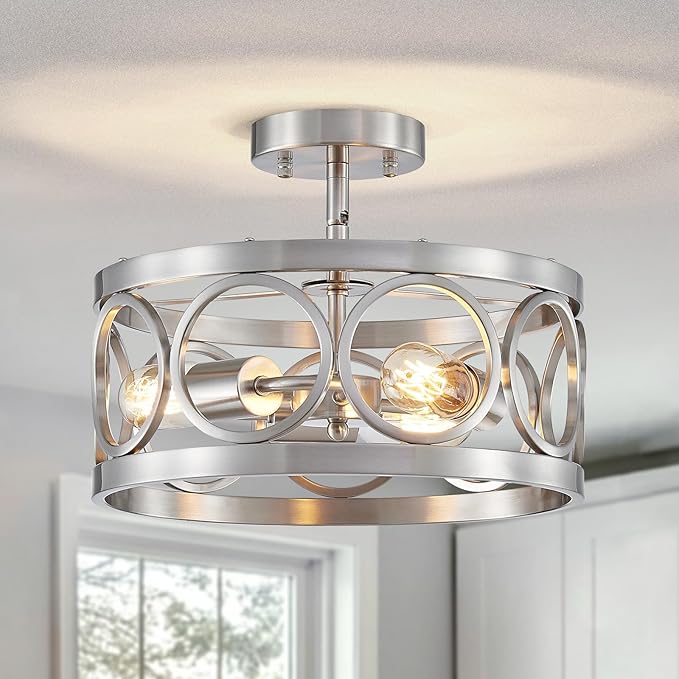 XINGQI Brushed Nickel 3-Light Rustic Ceiling Light Modern Adjustable Height Pendant Lighting Fixture Antique Drum Lamp for Living Room Bedroom Entryway Corridors 13”