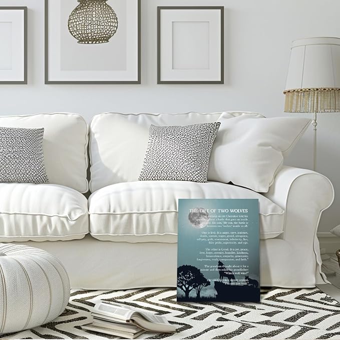 Wolf Wall Art, Wolf Poster, The Tale of Two Wolves, Canvas Wall Art Inspirational Quote Decor, Native American Art 14x17 inch