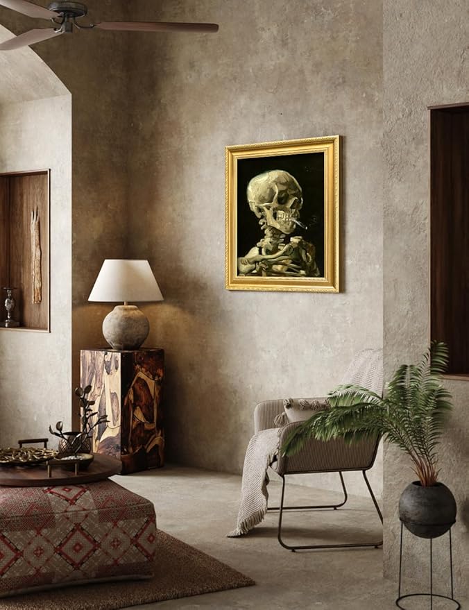DECORARTS - Head of a Skeleton with a Burning Cigarette by Vincent Van Gogh. Giclee Print on Acid-Free Canvas in Gold Solid Wood Frame. Picture Size: 16x20, Total Size: 24.75x20.75, Made in USA