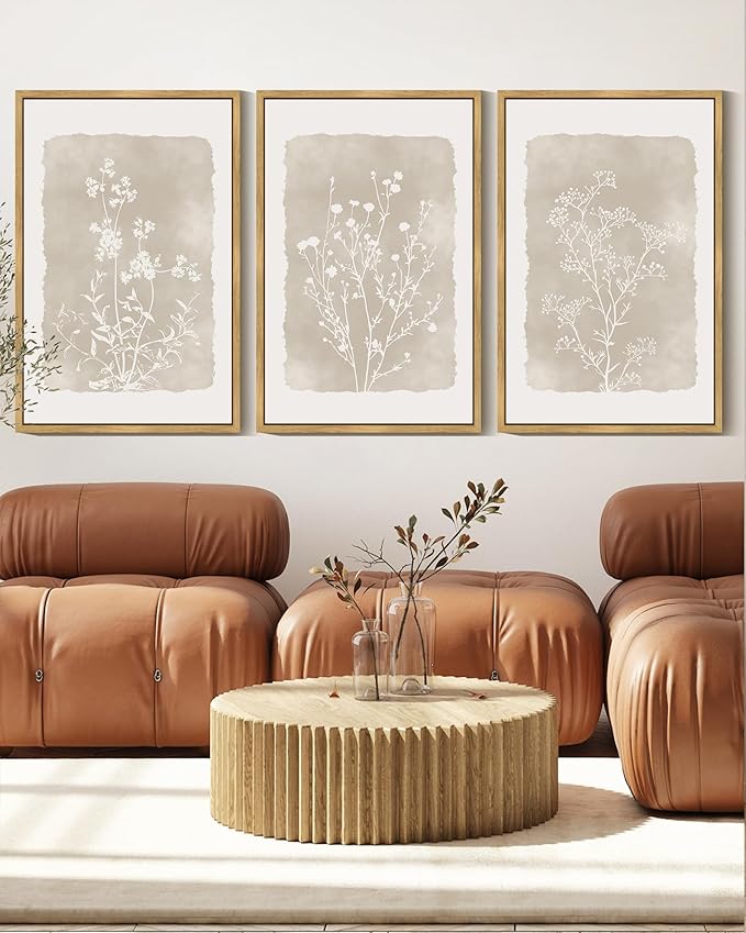 KUVIOKE Boho Botanical Flower Wall Art Framed Vintage Floral Wall Prints Wildflower Neutral Rustic Bohemain Artwork Kitchen Bedroom Decor 16x24in (Natural Framed)