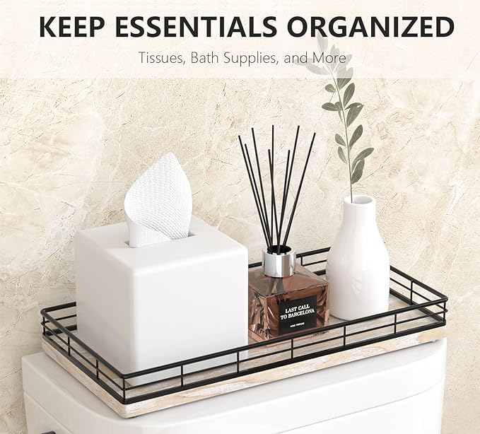 Toilet Paper Basket Organizer – Ash Wood Toilet Tank Tray with Metal Frame, Back of Tank or Top Bathroom Counter Storage – Black & Whitewashed Modern Decor