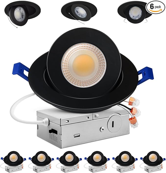 Adetu 4 inch 5CCT Gimbal Black Led Recessed Lights, 360°+90° Adjustable Directional Recessed Lighting, 2700K/3000K/3500K/4000K/5000K Dimmable Retrofit Eyeball Can Lights with Jbox, ETL（Black, 6 Pack）