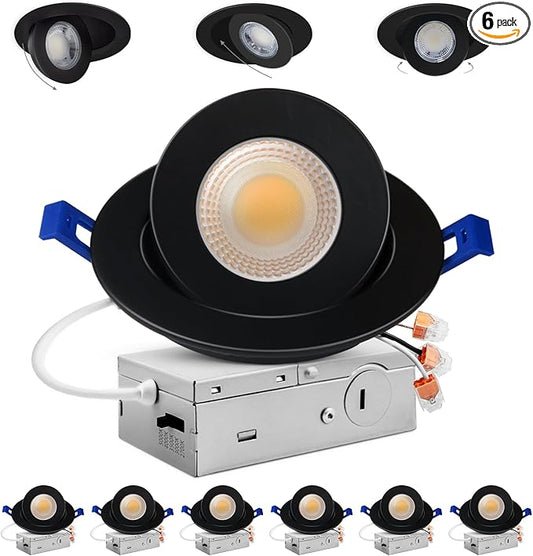 Adetu 4 inch 5CCT Gimbal Black Led Recessed Lights, 360°+90° Adjustable Directional Recessed Lighting, 2700K/3000K/3500K/4000K/5000K Dimmable Retrofit Eyeball Can Lights with Jbox, ETL（Black, 6 Pack）