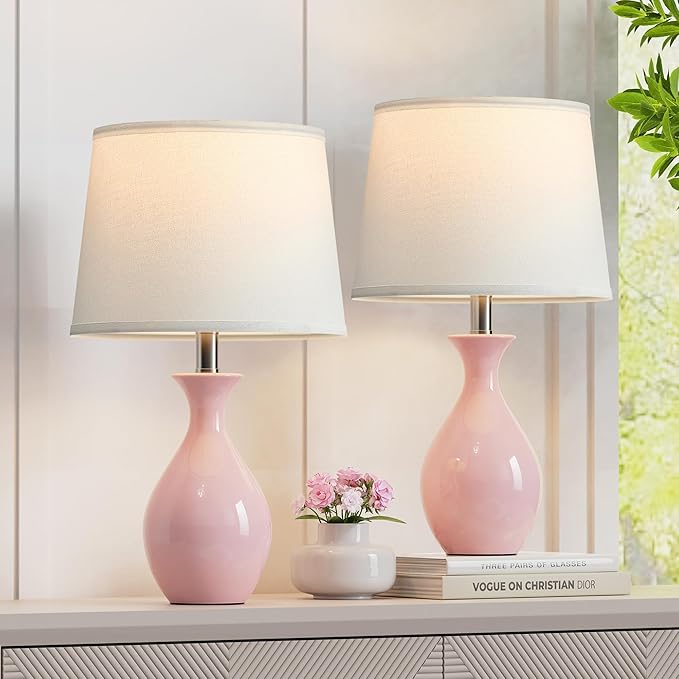 PARTPHONER Table Lamp Set of 2, Modern Ceramic Bedside Lamps for Night Stands, Classic Small Lamp Nightstand Lamp for Bedroom Living Room Desk End Table Rocker Swtich Pink