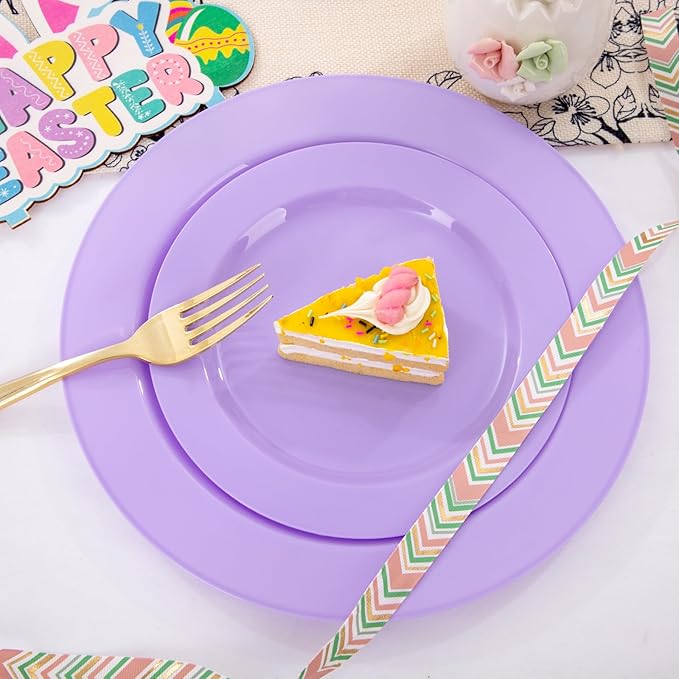 FLOWERCAT 60PCS Purple Plates - Heavy Duty Purple Plastic Plates Disposable for Easter Party/Wedding - Include 30PCS 10.25" Dinner Plates and 30PCS 7.5" Dessert Plates