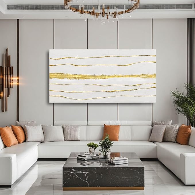 White Canvas Wall Art Abstract Line Prints Living Room Wall Decorations Gold Foil Painting Large Framed Wall Decor for Bedroom Hotel 29x58 Inch