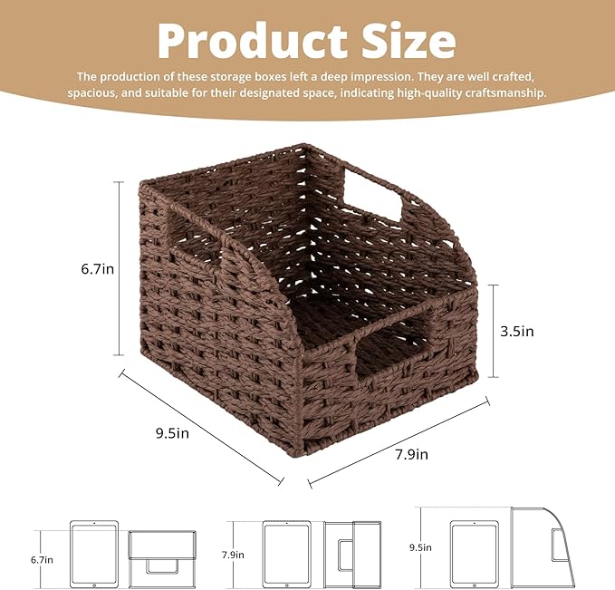 OIAHOMY Pantry Baskets for Organizing, Paper Rope Baskets with Built-in Handles, Wicker Storage Bins for Shelves, 2 Pack-Brown