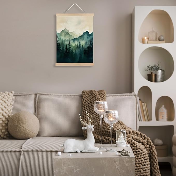 FITIE Misty Foggy Green Mountain Forest Canvas Wall Art Poster, Nature Room Decor, Dark Green Pine Forest Landscape Scenic Wall Decor Prints for Home Bedroom Living Room, 12x16 Inches