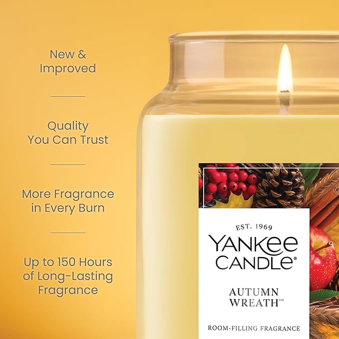 Yankee Candle Large Jar Scented Candle with up to 150 Hour Burn Time, Premium Plant Wax Blend for Consistent Burn, 22 oz Jar Candle with Room Filling Fragrance, Autumn Wreath