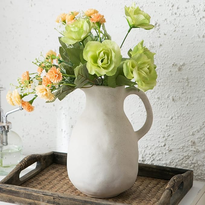 Kimdio Ceramic Vase with Handle, Modern Farmhouse Pitcher Vase for Home Decor, Rustic Pottery Vase, Decorative Flower Vase, Clay Vase, Centerpieces for Living Room