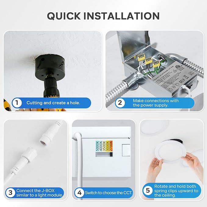 LVWIT 12 Pack Recessed Lighting 6 Inch with Junction Box, Ultra-Thin Dimmable 1200LM 2700K-5000K Wafer Downlight, Canless Smooth Trim LED Ceiling Light with ETL,FCC&IC