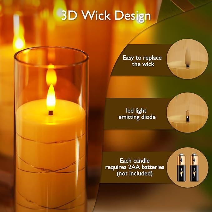 Raycare Flameless LED Candles with Embedded Star String, 9 Pcs Battery Operated Acrylic Pillar Candles with Timer and Remote, Flickering Candle for Romantic Ambiance and Home Decoration(Glod)