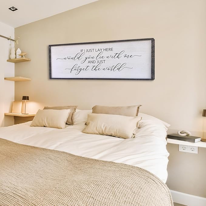 Surfapans If I Lay Here Would You Lie With Me Wall Decor Sign 40”X15” Master Room Bedroom Above Bed Large Farmhouse Inspirational Quotes Minimalist Wood Framed Over Bed Wall Art Decoration (Black)