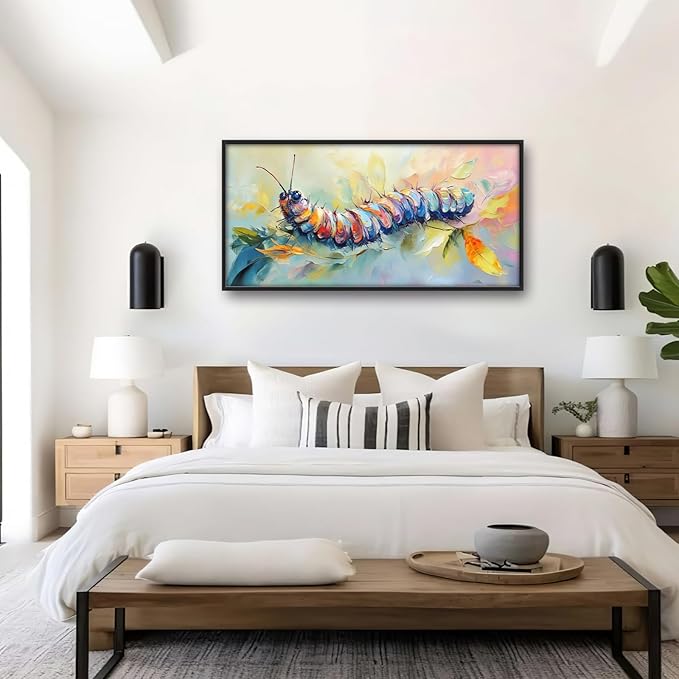 Extra Large Framed Abstract Caterpillar Wall Art,Colorful Cute Caterpillar Leaves Wall Decor Pictures for Living Room,Canvas Print Painting Modern Artwork Bedroom Office Bathroom 60L x30W