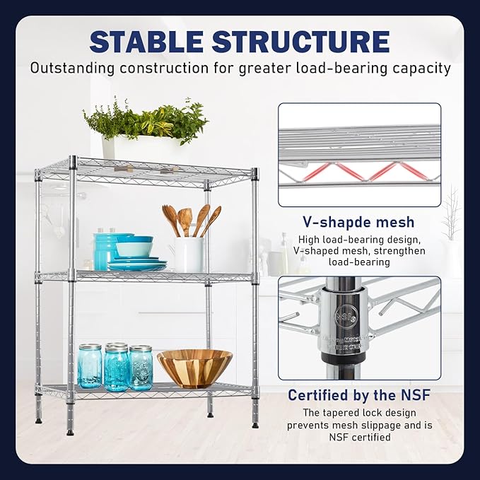 PayLessHere | 3-Tier Wire Shelf | 23"x13"x30" | Chrome | Adjustable Racks | Heavy-Duty Storage Shelves, Holds Upto 450 lbs | Rust-Resistant, No-Tool Assembly | for Home, Garage Shelving