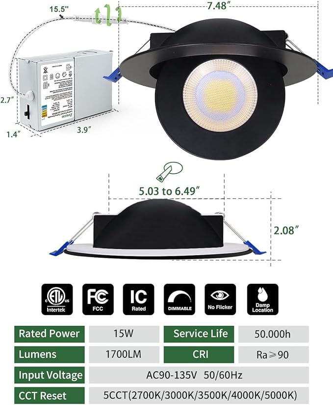 zouzai 5CCT LED Gimbal Led Recessed Light with Junction Box, 360°+90° Adjustable Directional Eyeball Lighting, Dimmable, 2700K/3000K/3500K/4000K/5000K,ETL&Energy Star (6 inch, Black 6 Pack)