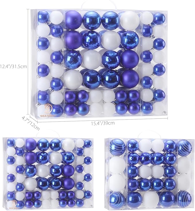 Sea Team 87-Pack Shatterproof Blue Christmas Ball Ornaments Set, Assorted Multi-Sized Hanging Baubles, Xmas Tree Decorations, Seasonal Décor for Holiday Wreath Garland, Hooks Included