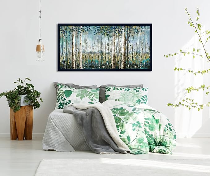 Pogusmavi Large Framed Birch Tree Canvas Wall Art Nature Painting for Home Decor | Teal Artwork for Living Room, Bedroom, and Office Pictures for Living Room 29×58IN