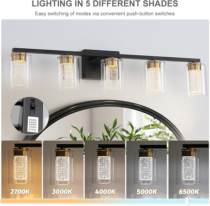 EMONG 5-Light Black&Gold Bathroom Light Fixtures,Dimmable 5CCT LED Vanity Lights with Clear Glass,2700K-6500K Adjustable Crystal Bubble Black Bathroom Vanity Light Over Mirror for Hallway