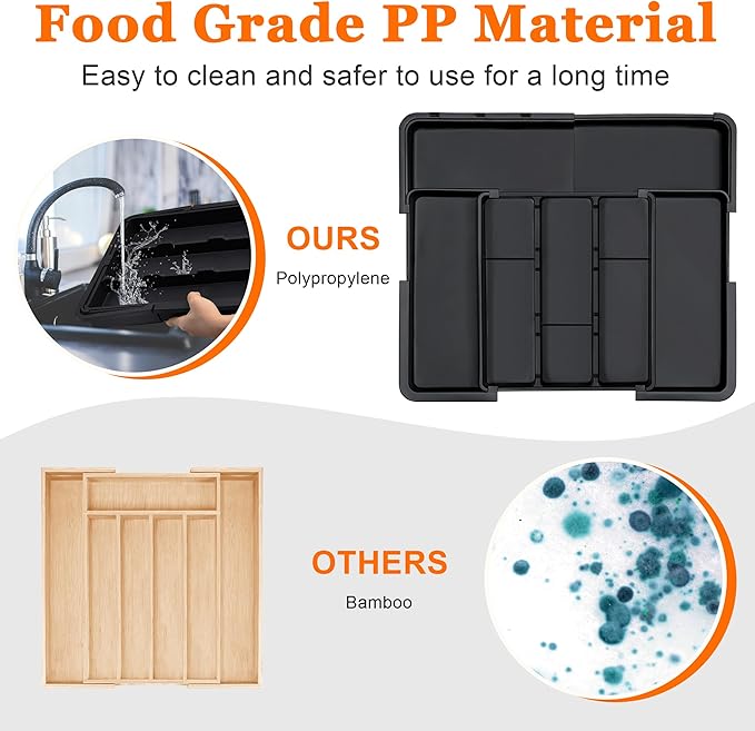 Large Utensil Drawer Organizer Expandable Silverware Organizer for Kitchen Drawer Adjustable Cooking Utensil Holder Cutlery Flatware Tray Spatula Tools Gadgets Storage Dividers Plastic Black