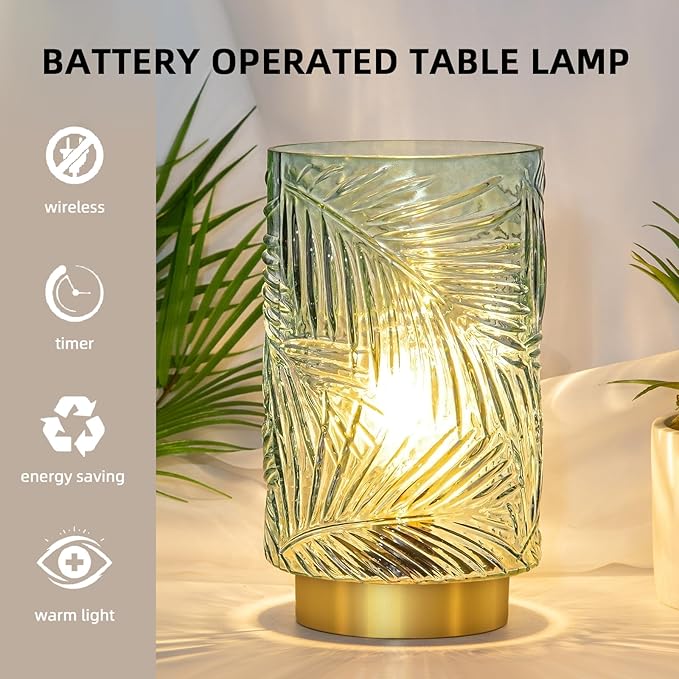 Battery Operated Table Lamp, Cordless Lamps for Home Decor, Battery Powered Nightlight with LED Bulb with Timer, Decorative Lights for Living Room Bedroom Tabletop Entryway Centerpiece Gift(L LGreen)