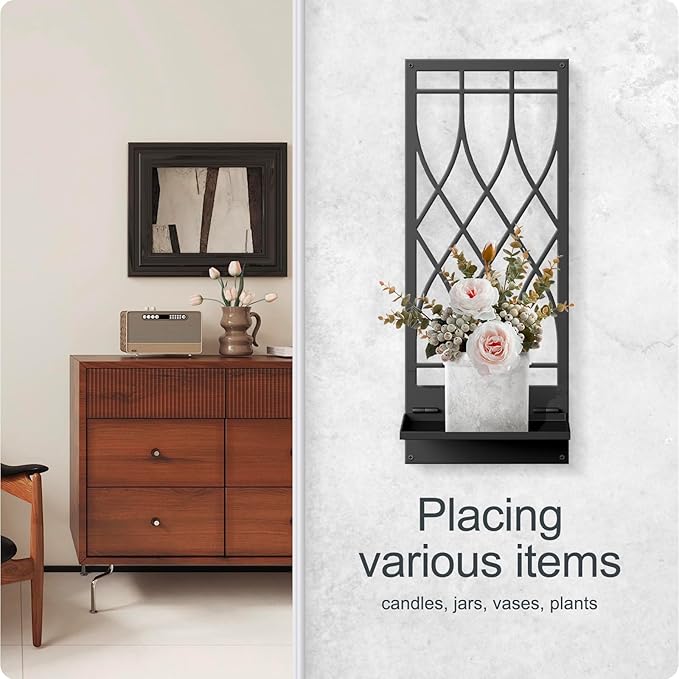 Wall Candle Holder, Black Metal Wall Art, Line Wall Candle Holder for Living Room, Dining Room, Bedroom, Bathroom (2 Pack, 16.5 x 7 in)