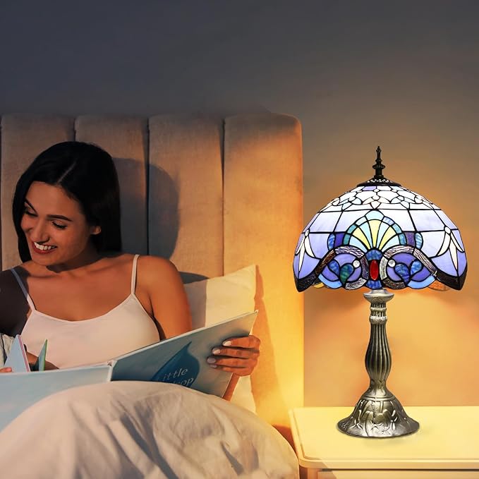 YingJu Tiffany Lamp,Blue Stained Glass Lamp,12X12X19 Inches Vintage Table Lamp for Bedroom,Living Room,Home Office（Including 2 LED Bulbs）