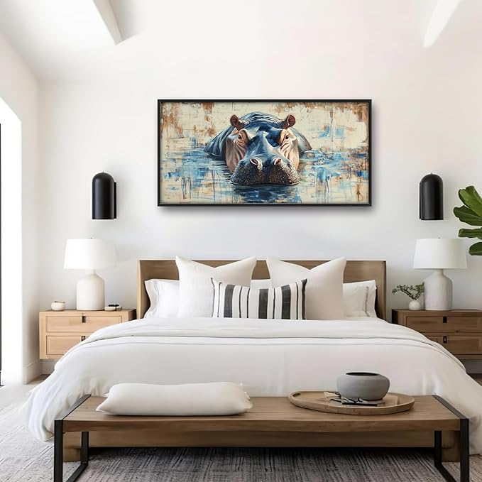 Extra Large Framed Abstract Hippo Wall Art,Oversized African Hippopotamus Wild Animal Wall Decor,Vintage Pictures for Living Room,Canvas Print Painting Modern Artwork Bedroom Office Bathroom 60L x30W