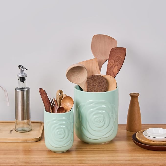 Light Green Ceramic Utensil Holder Set of 2 - Rose Carved Design, Kitchen Countertop Utensil Organizer for Spatula, Spoon & Cooking Tools, Large (7.5") & Small (5.5"), Farmhouse Kitchen Counter Decor
