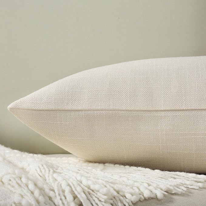 HAUSSY Cream White Linen Decorative Throw Pillow Covers 14x14 Inch Set of 2,Square Cushion Case with 3 Vintage Buttons,Modern Farmhouse Home Decor for Couch,Bed