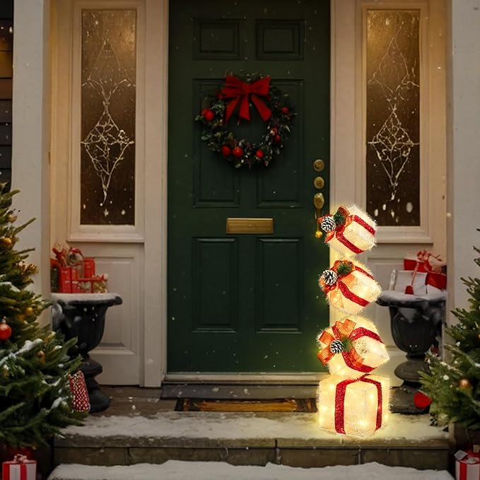 Christmas Lighted Gift Boxes Decorations Set of 4, 2.8Ft Stackable Christmas Nesting Boxes Battery Operated for Home and Party Decoration (8"-6"-5"-4", Red Bow)