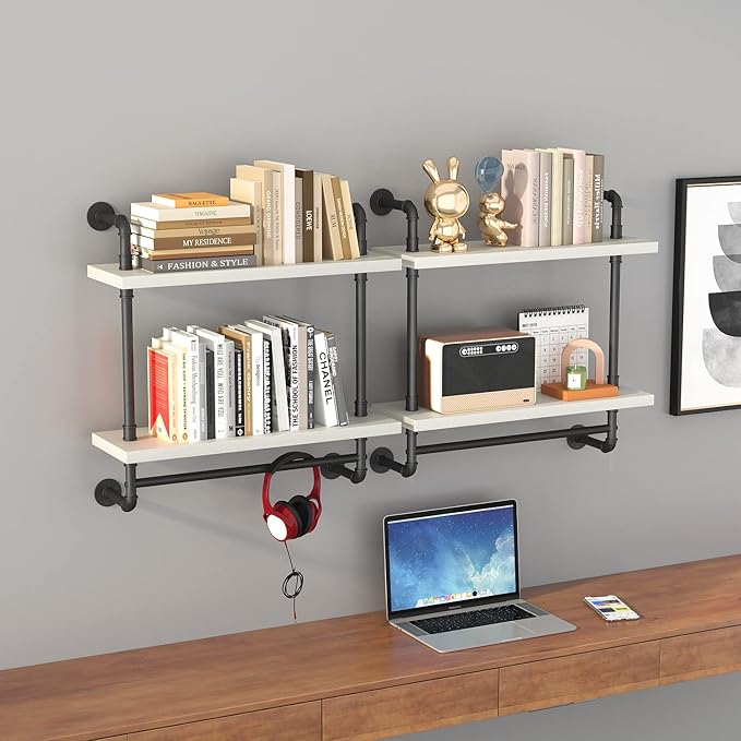 Helsin 24inch Industrial Pipe Shelving Bathroom Shelves Wall Mounted with Towel bar, 2 Tier Rustic Wood Floating Shelf, Metal Towel Rack Wall Shelf for Home & Bathroom (White, 24inch)