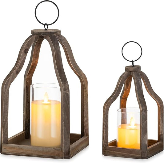 Romadedi Farmhouse Decorative Lantern Wooden - Set of 2 Rustic Wood Lanterns Candle Holder for Wedding Table Centerpieces Indoor Outdoor Fireplace Mantle Home Decor, Brown