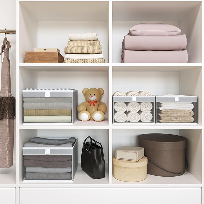 Linen Closet Organizers and Storage, Closet Storage Bins Basket Organizer, Foldable Organization Baskets with Mesh Window for Clothes Towels and Toys, 14.5" x 14.5" x 10.25", Gray, 2 pack