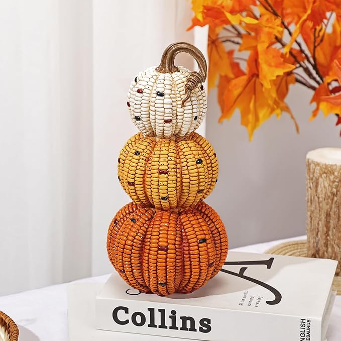 Briful Fall Stacked Corn Pumpkin Decoration – 10.6" Tall Resin Pumpkins Rustic Harvest Faux Pumpkin Decor for Thanksgiving Tabletop Centerpiece Outdoor Indoor Autumn Decor
