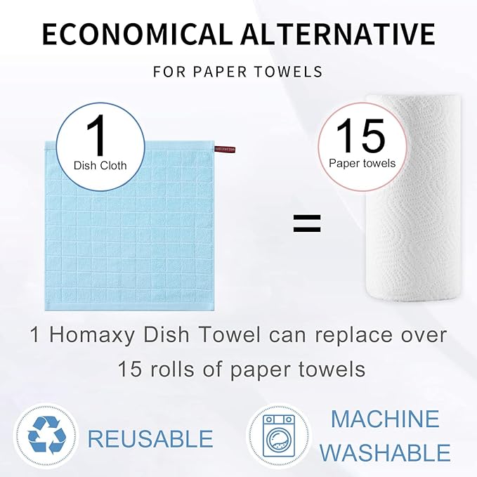 Homaxy 100% Cotton Terry Kitchen Dish Cloths, Ultra Soft and Absorbent Dish Towels for Kitchen, Suitable for Drying and Washing Dishes, 6 Pack, 12 x 12 Inches,Sky Blue