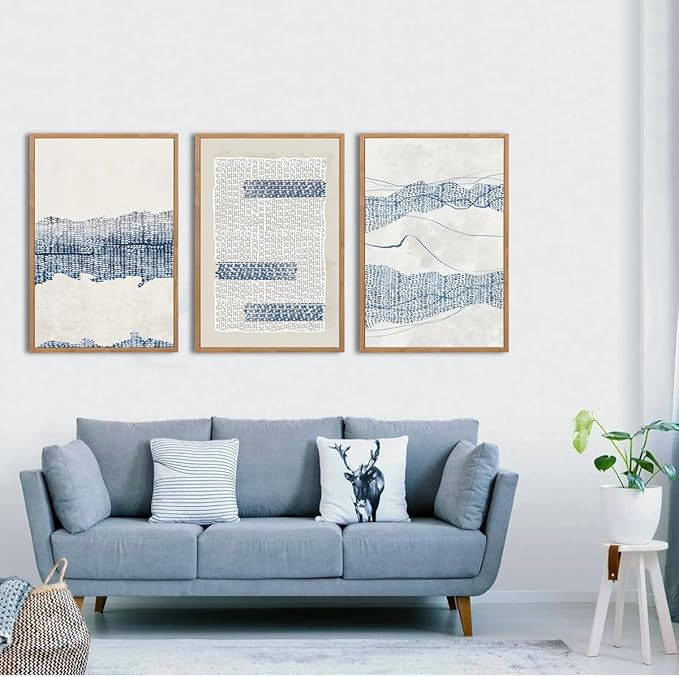 IARTTOP Large Blue Abstract Canvas Wall Art Framed 24x36 Inch Neutral Minimalist Modern Wall Art Mid Century Boho Artwork for Living Room Bedroom Office Set of 3