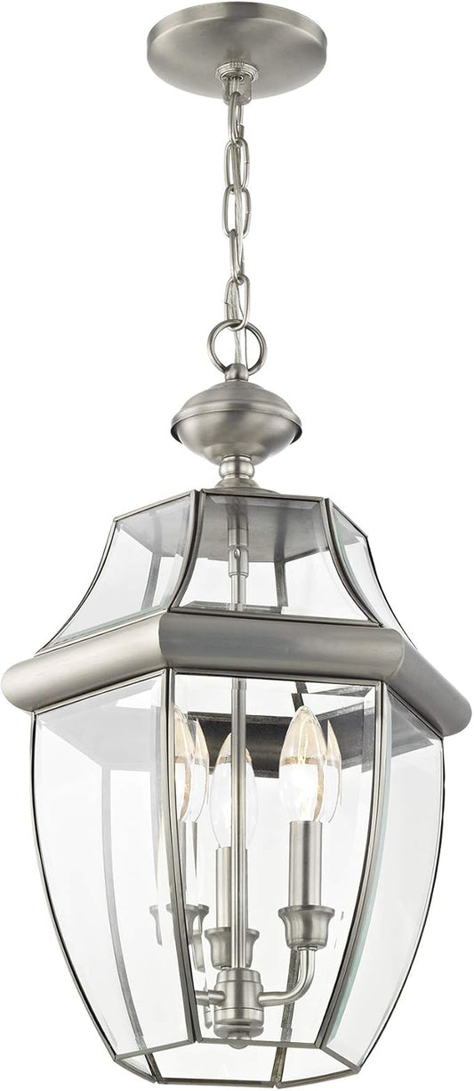 Livex Lighting 2355-91 Monterey 3 Light Outdoor Brushed Nickel Finish Solid Brass Hanging Lantern with Clear Beveled Glass