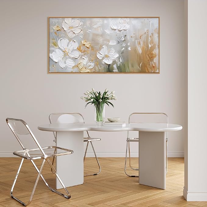 HPNIUB Large Hand-Painted White Flower Framed Wall Art Modern White and Gold Floral Canvas Oil Painting Nature Botanical Wall Decor Abstract Aesthetic Artwork for Living Room Bedroom Decor -20"x40"