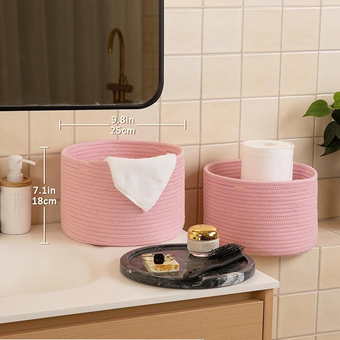 OIAHOMY Small Storage Baskets for Organizing,Closet Cube Shelf Storage, 9.8”×9.8”×7.1”, Woven Cotton Rope Gift Baskets for Nursery,Cute Dog Toy bins, Round 3 Packs, Pink