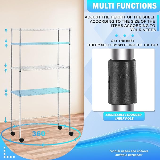 PayLessHere | 5-Tier Wire Shelf with Wheels | 14"x30"x60" | Chrome | Adjustable Racks | Heavy-Duty Storage Shelves, Holds Upto 220 lbs | Rust-Resistant, No-Tool Assembly | for Home, Garage Shelving