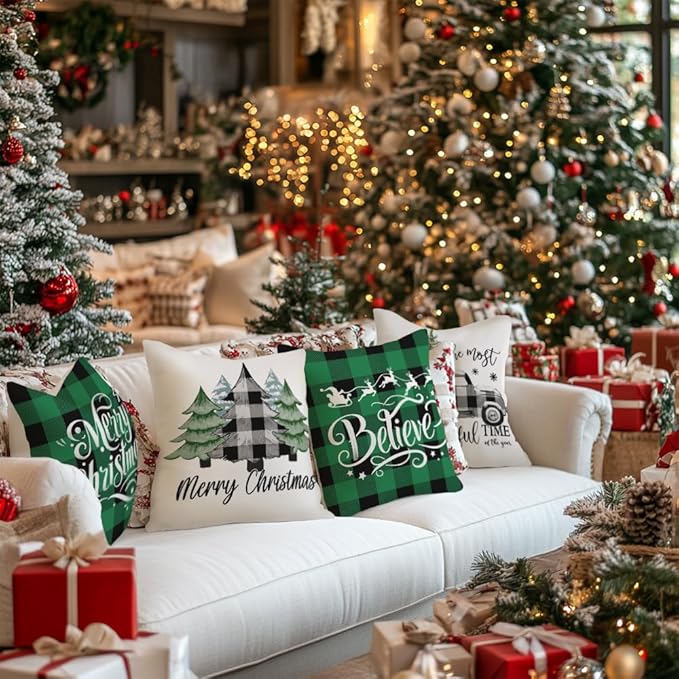 GEEORY Merry Christmas Throw Pillow Covers 20x20 Inch Set of 4, Xmas Trees Truck Green Buffalo Plaid Believe Farmhouse Decorative Cushion Cases for Home Decoration G595-20