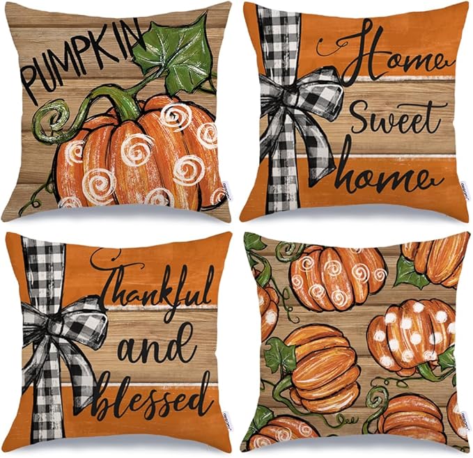 GEEORY Fall Home Sweet Home Pumpkin Throw Pillow Covers 16x16 Inch Set of 4, Thankful and Blessed Autumn Holiday Seasonal Striped Decorative Farmhouse Cushion Cases for Home Decoration G645-16